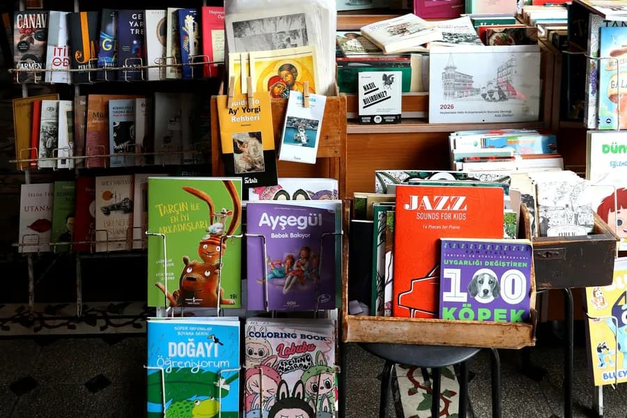 Shelves of books and cards on display inside a small independent shop